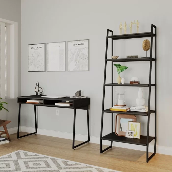 Conjunto Home Office 2 Peças com Escrivaninha e Estante Industrial Concept - Preto - Imagem 2